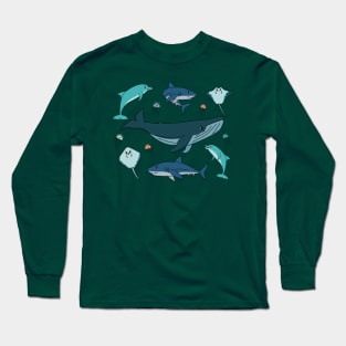 cartoon ocean and sea happy animals. Whale, dolphin, shark, stingray of two types, jellyfish Long Sleeve T-Shirt